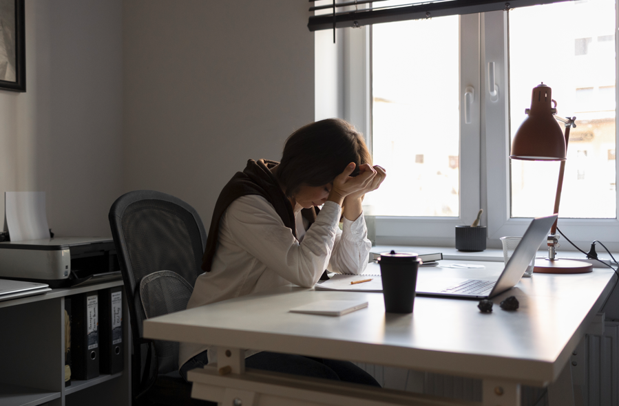 一位疲憊的女性坐在書桌前，面向窗戶，用手抱著頭，桌上有筆記型電腦、檯燈和咖啡杯