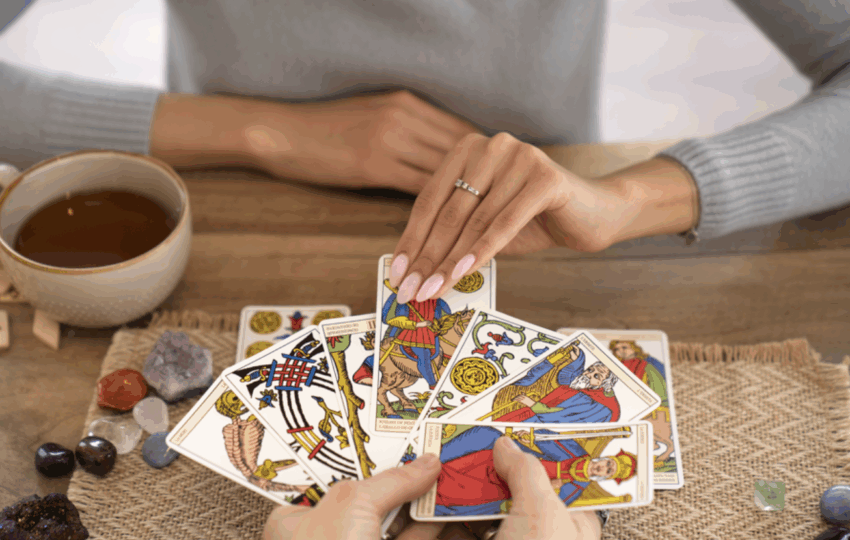 兩雙手在木桌上操作塔羅牌，桌面上擺有馬賽塔羅牌、茶杯、水晶和一塊粗麻布墊