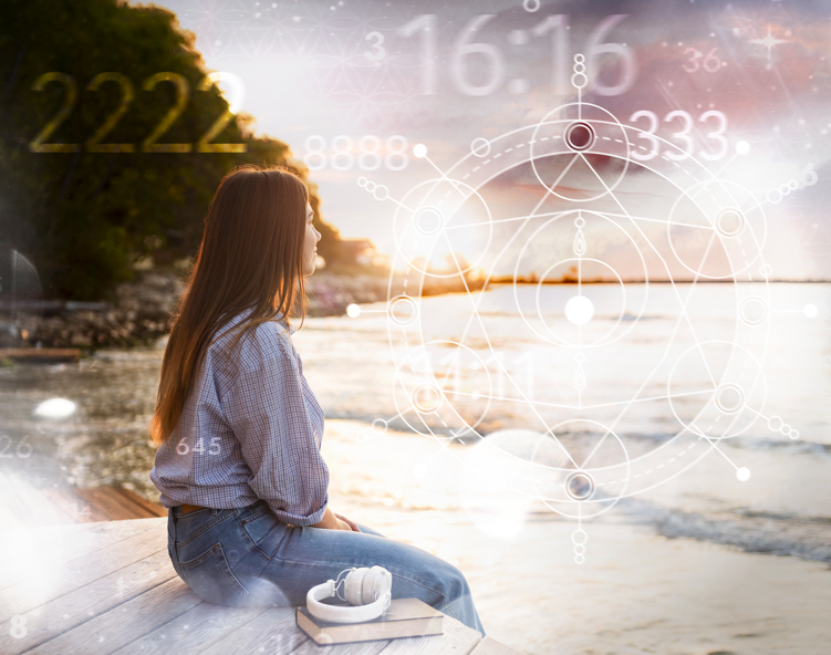 女子坐在湖畔木棧道上看日落/融入數字學和神聖幾何的靜心圖/靈性探索與天使數字/湖邊冥想與身心靈療癒