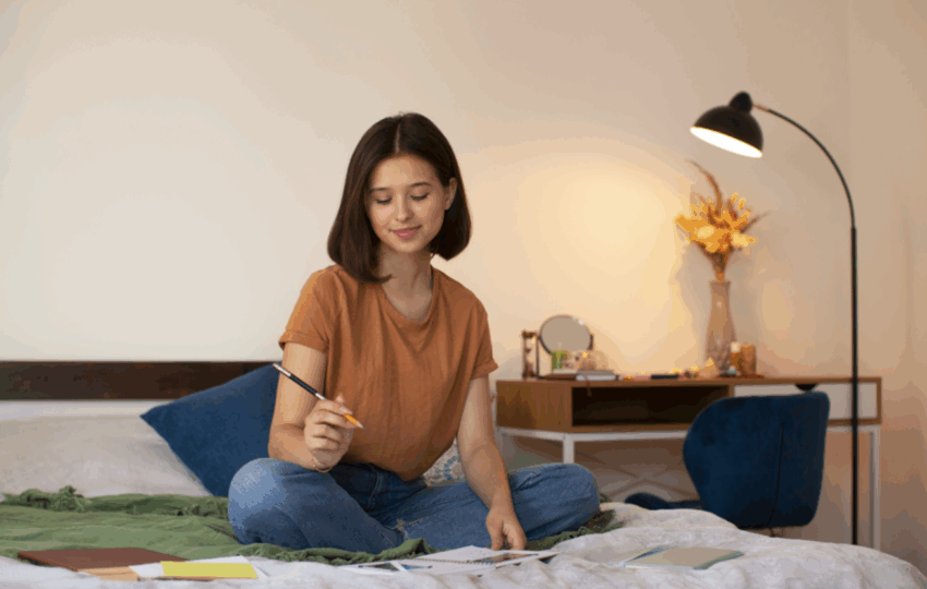 一位年輕女性穿著橘色T恤和牛仔褲，盤腿舒適地坐在臥室的床上，低頭專注於閱讀書寫，床頭櫃上有一盞閱讀燈和花束