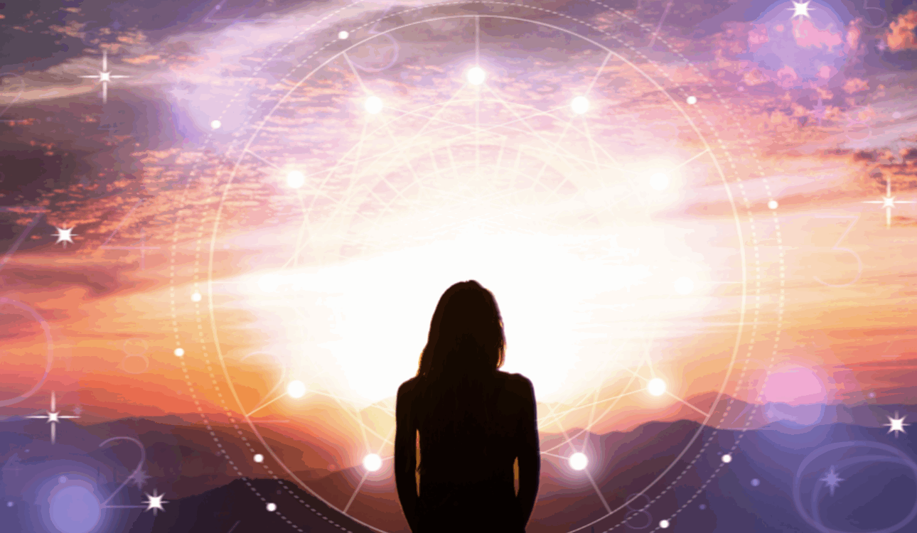 女子剪影與日落抽象數字學概念圖/神秘學與占星術設計/能量場和星象輪廓/身心靈探索與命理學