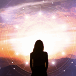 女子剪影與日落抽象數字學概念圖/神秘學與占星術設計/能量場和星象輪廓/身心靈探索與命理學