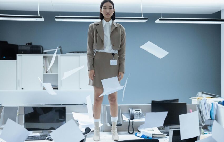 一位穿著米色短版西裝外套和短裙的亞洲女性，神情嚴肅或困惑地站在辦公室隔間的桌面上，周圍有許多文件紙張散落或漂浮在空中，象徵著工作壓力、職場混亂、企業文化或超現實的辦公室場景。