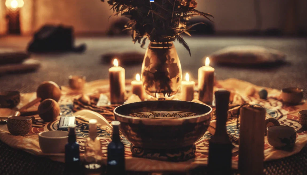 燭光圍繞的儀式圓陣中央擺放頌缽與器物，整體畫面散發寧靜而神聖的療癒感