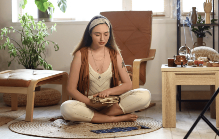 一名女子盤坐在溫暖的居家空間中靜心冥想，雙手輕放物件，營造放鬆而內在專注的氛圍
