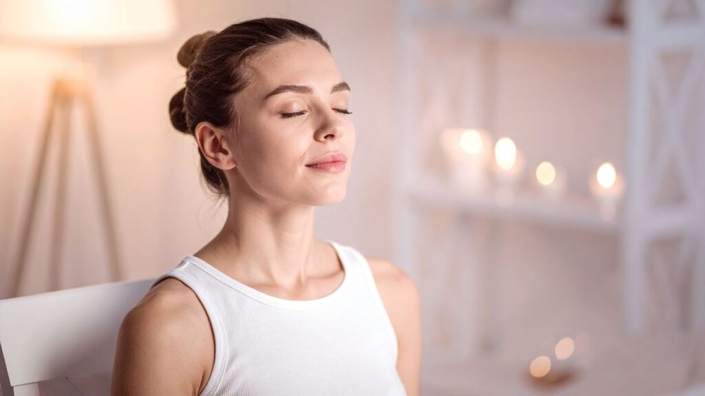 一名女性在室內柔和燈光下閉目冥想，背景有模糊的蠟燭光點，呈現平靜舒緩的氛圍