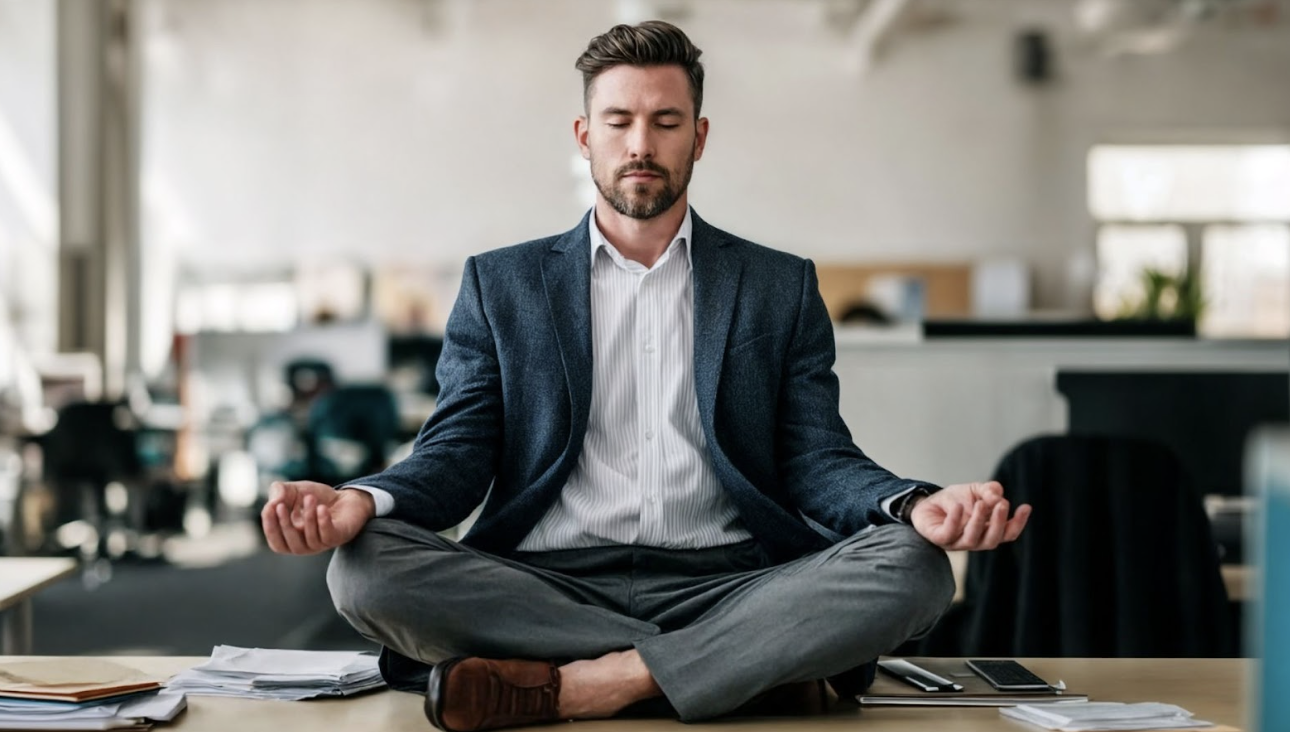 一名商務男性穿著西裝外套與襯衫，在辦公室的辦公桌上盤腿坐著冥想，閉目養神，展現工作與身心平衡