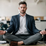 一名商務男性穿著西裝外套與襯衫，在辦公室的辦公桌上盤腿坐著冥想，閉目養神，展現工作與身心平衡