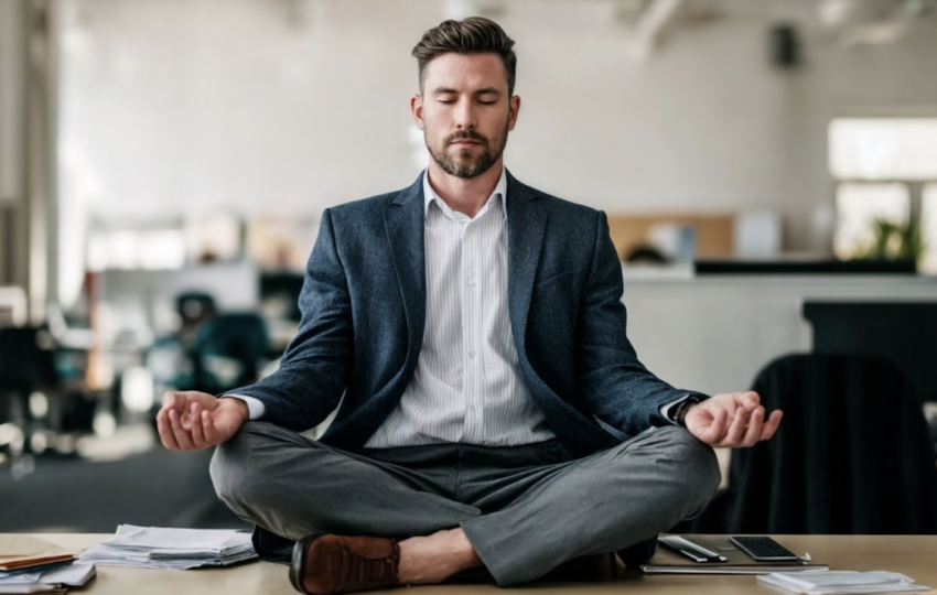 一名商務男性穿著西裝外套與襯衫，在辦公室的辦公桌上盤腿坐著冥想，閉目養神，展現工作與身心平衡
