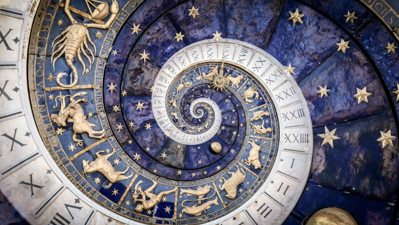 復古風格的螺旋星盤設計，包含黃道十二宮符號與精緻的星座浮雕，展現宇宙占星術的神秘感