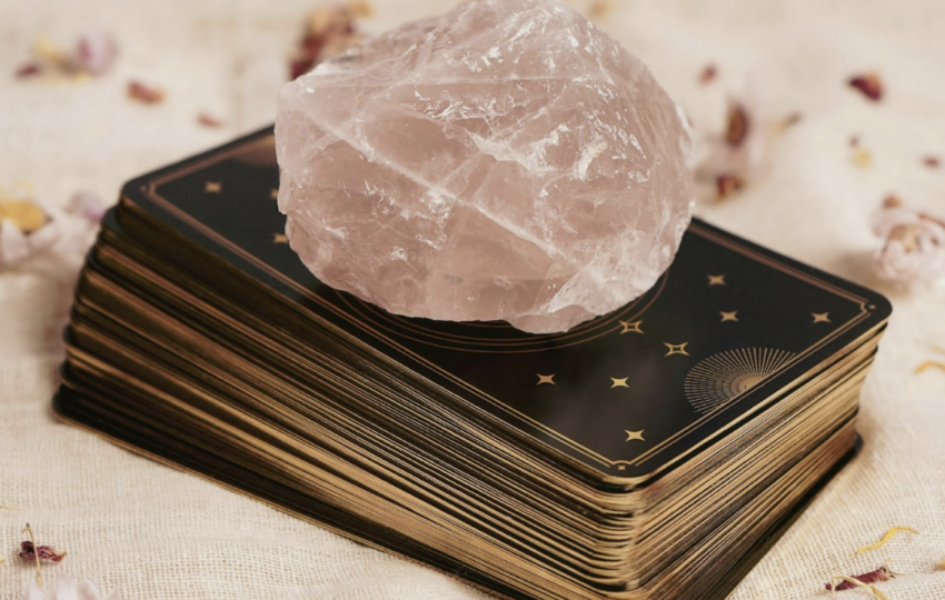 一疊帶有金色星辰圖案的塔羅牌背面，上方放著一顆粉紅色的粉晶原石，用於身心靈能量療癒與占卜