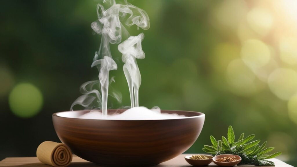 木質碗中散發出濃郁的白色水蒸氣與煙霧，旁邊擺放著捲起的毛巾、綠色草本植物與兩小碟乾燥香料，背景為朦朧的自然綠意