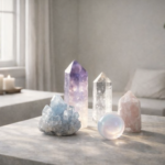 灑滿陽光的室內空間中，桌面擺放著多種晶型完整的水晶與礦石，包含紫水晶柱、白水晶簇與透石膏球，背景有搖曳的燭火與綠意植物