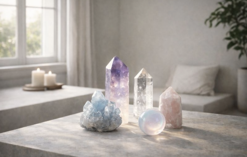 灑滿陽光的室內空間中，桌面擺放著多種晶型完整的水晶與礦石，包含紫水晶柱、白水晶簇與透石膏球，背景有搖曳的燭火與綠意植物