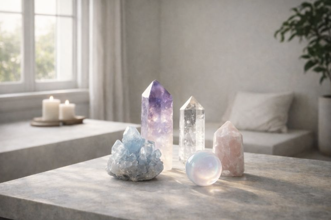 灑滿陽光的室內空間中，桌面擺放著多種晶型完整的水晶與礦石，包含紫水晶柱、白水晶簇與透石膏球，背景有搖曳的燭火與綠意植物