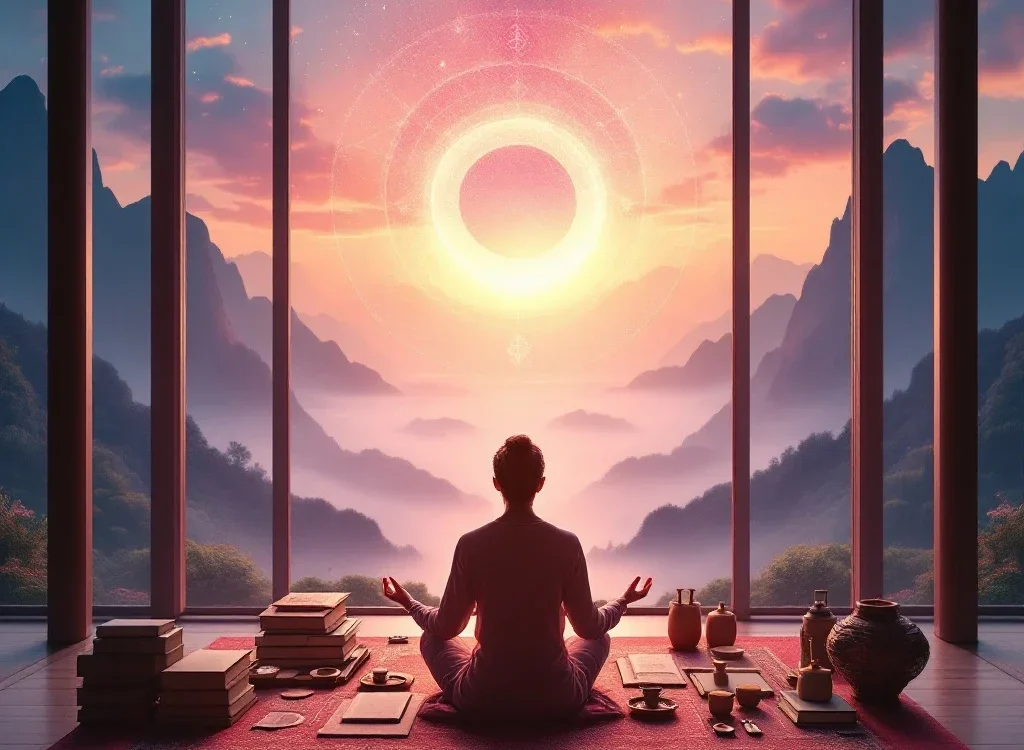 在寧靜的風景中冥想的人與易經卜卦案例的工具和文本