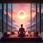 在寧靜的風景中冥想的人與易經卜卦案例的工具和文本