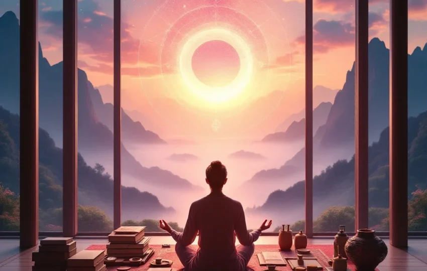 在寧靜的風景中冥想的人與易經卜卦案例的工具和文本