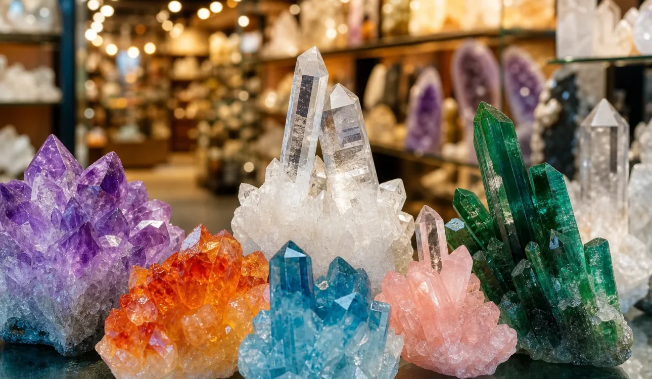 水晶商店展示各種水晶色彩與光影