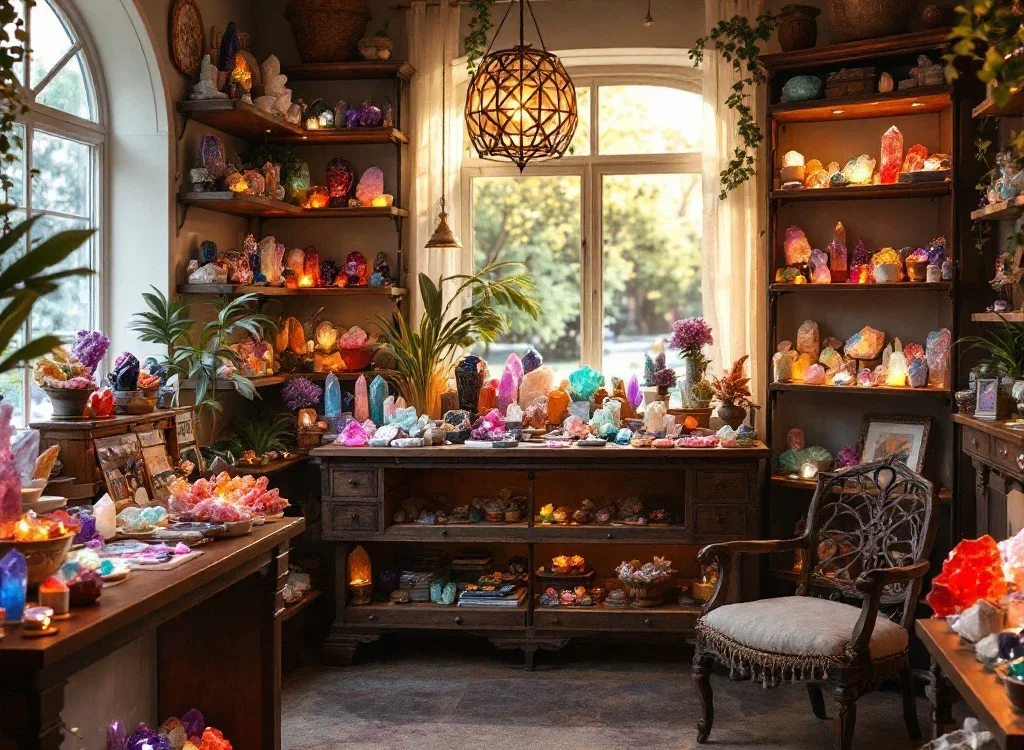 水晶店內多彩水晶展示溫暖氛圍