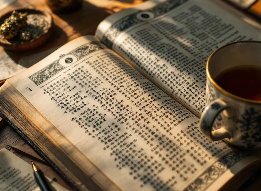 翻開易經書本與筆記茶杯的學習場景