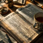 翻開易經書本與筆記茶杯的學習場景