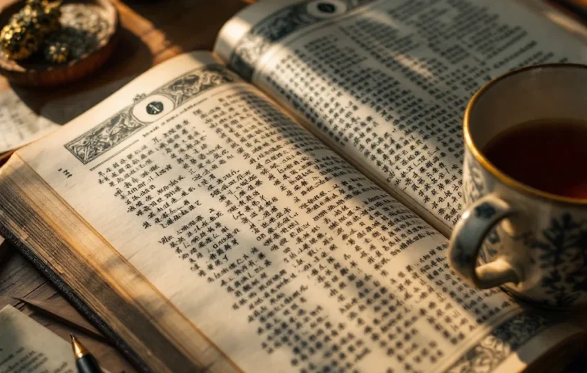 翻開易經書本與筆記茶杯的學習場景