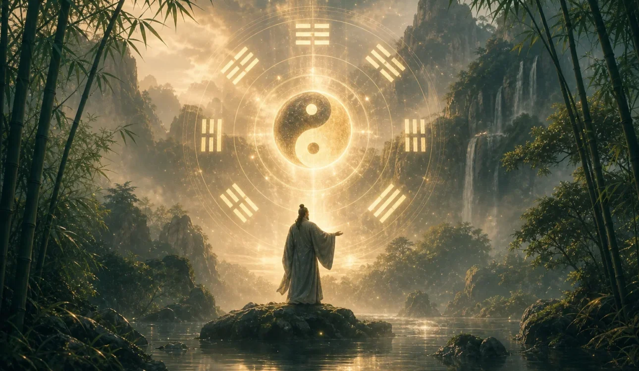 懸浮易經卦象柔和光線自然元素