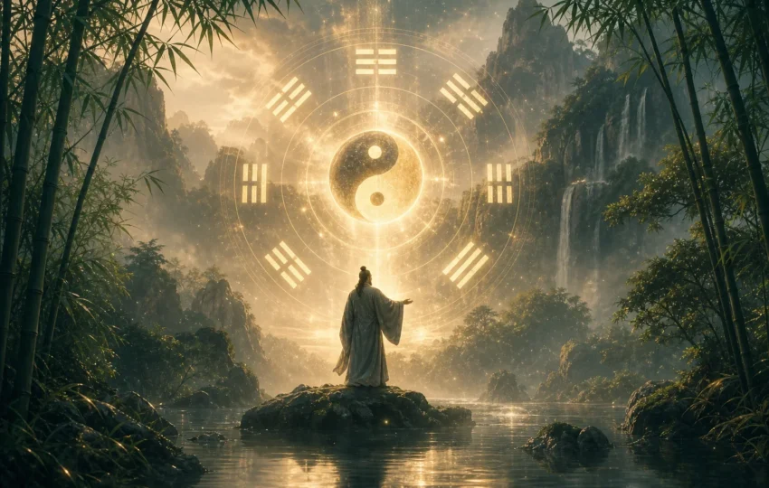 懸浮易經卦象柔和光線自然元素